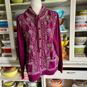 Soft Surroundings Floral Embroidered Hooded Jacket in Wine - Size Small